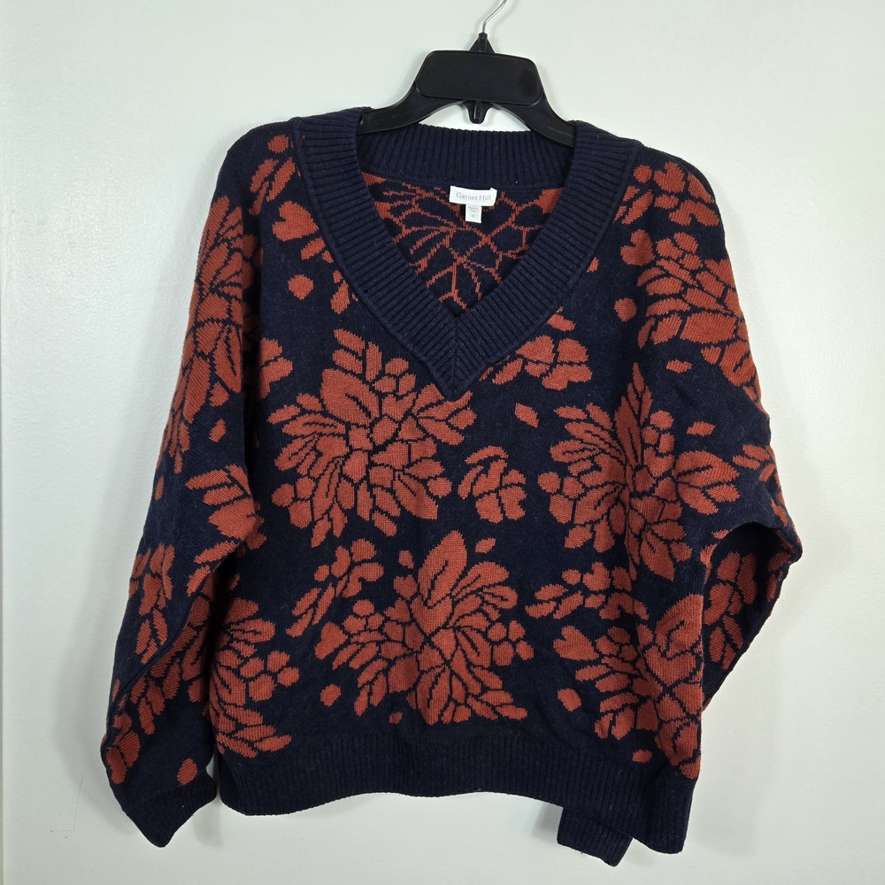Garnet Hill Womens Everly Jacquard Navy Orange Floral V-Neck Pima Sweater Medium